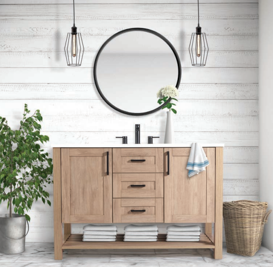 Luxo Marbre Bossy Free-Standing Vanity with 2 Shaker-style Drawers, 2 Shaker-style Doors and Ribbed Lower Shelf