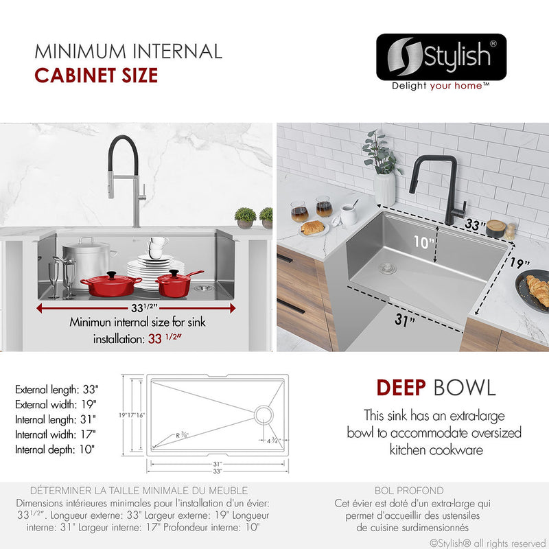 Stylish 33" VERSA33 S-613WK Undermount Workstation Stainless Steel Single-Bowl Kitchen Sink with Black Accessories