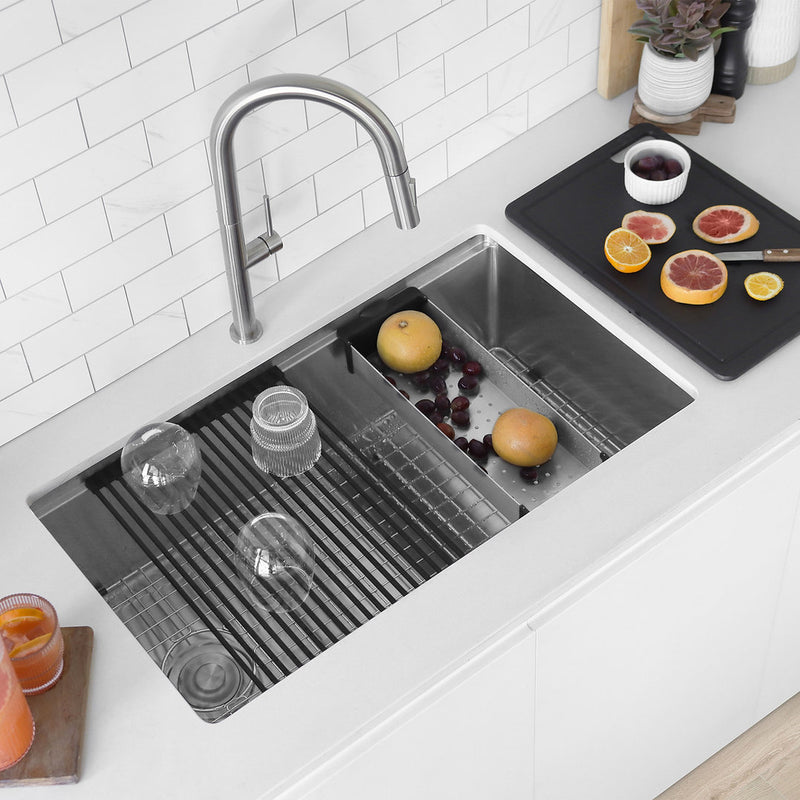 Stylish 33" VERSA33 S-613WK Undermount Workstation Stainless Steel Single-Bowl Kitchen Sink with Black Accessories