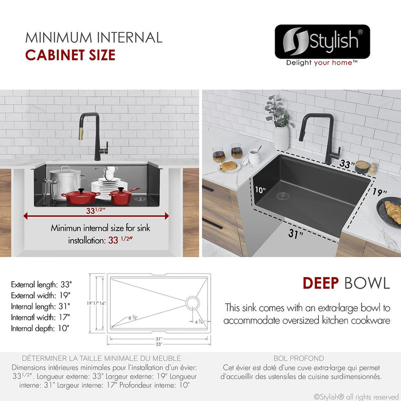 Stylish 33'' VERSA33 S-613WNK Undermount Workstation Single-Bowl Graphite Black Kitchen Sink with Accessories