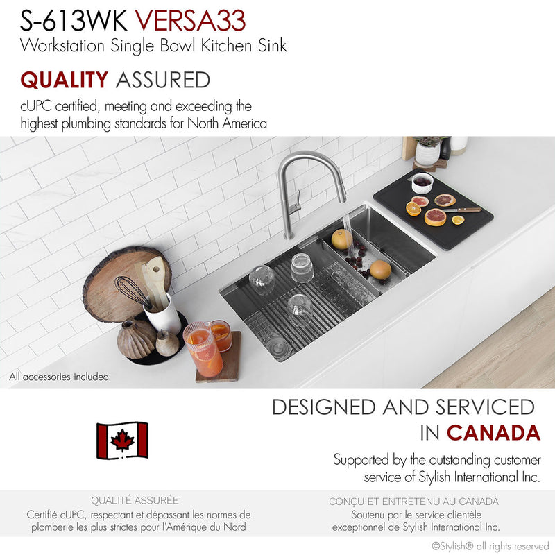 Stylish 33" VERSA33 S-613WK Undermount Workstation Stainless Steel Single-Bowl Kitchen Sink with Black Accessories