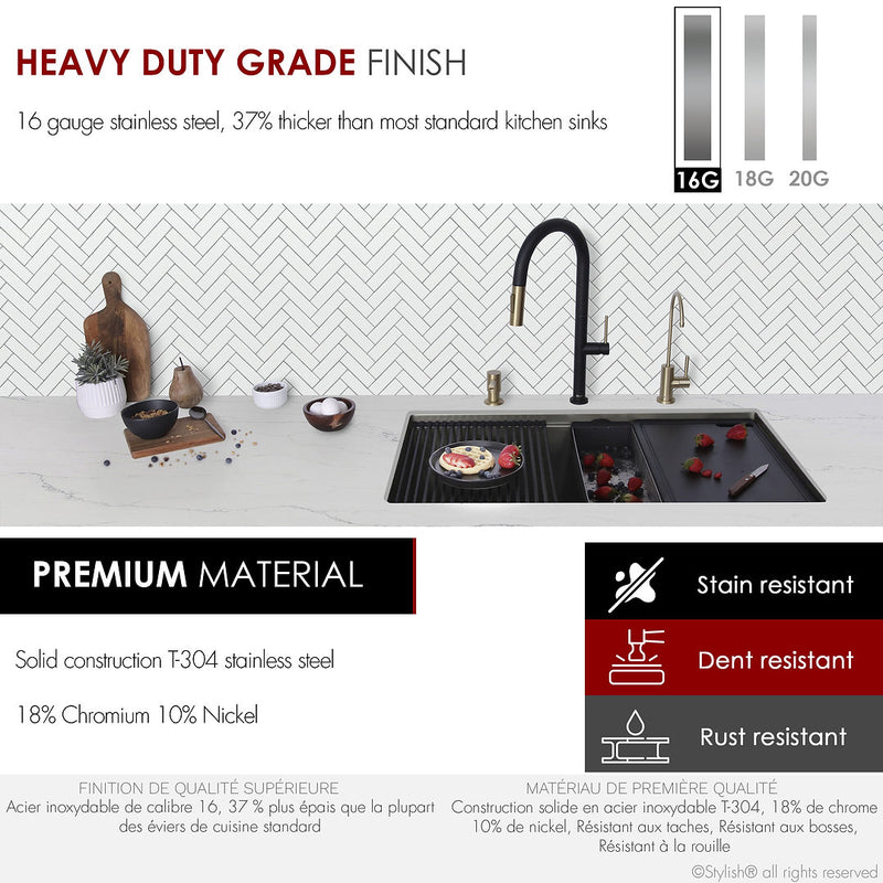 Stylish 33'' VERSA33 S-613WNK Undermount Workstation Single-Bowl Graphite Black Kitchen Sink with Accessories