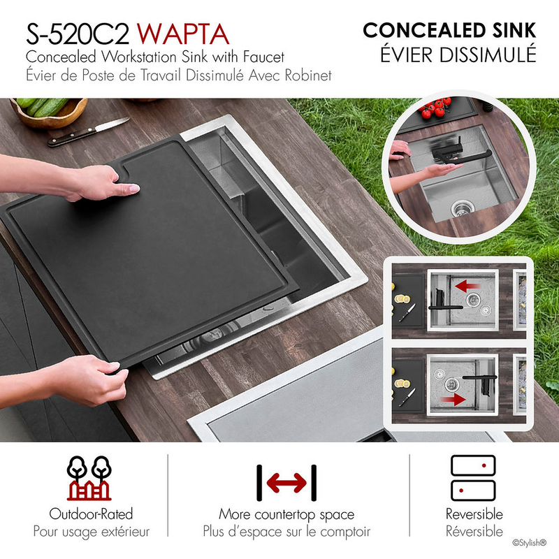 Stylish WAPTA 20" Dual Mount Workstation Single Bowl Utility Sink with Dura-Tek Accessories and Stainless Steel Matte Black Faucet - S-520C2