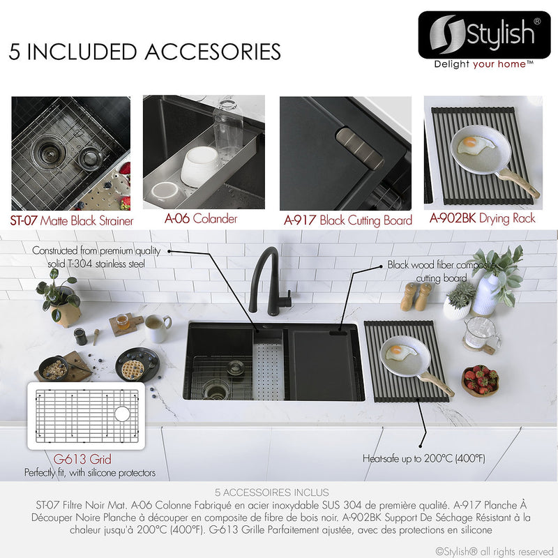 Stylish 33'' VERSA33 S-613WNK Undermount Workstation Single-Bowl Graphite Black Kitchen Sink with Accessories