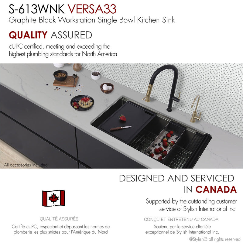 Stylish 33'' VERSA33 S-613WNK Undermount Workstation Single-Bowl Graphite Black Kitchen Sink with Accessories