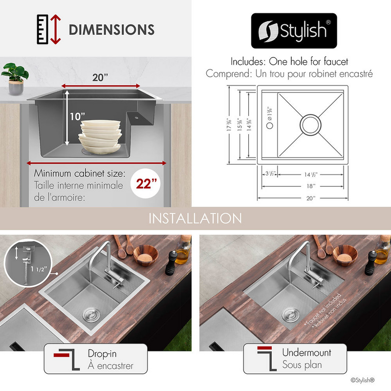 Stylish WAPTA 20" Dual Mount Workstation Single Bowl Utility Sink with Dura-Tek and Accessories - S-520C