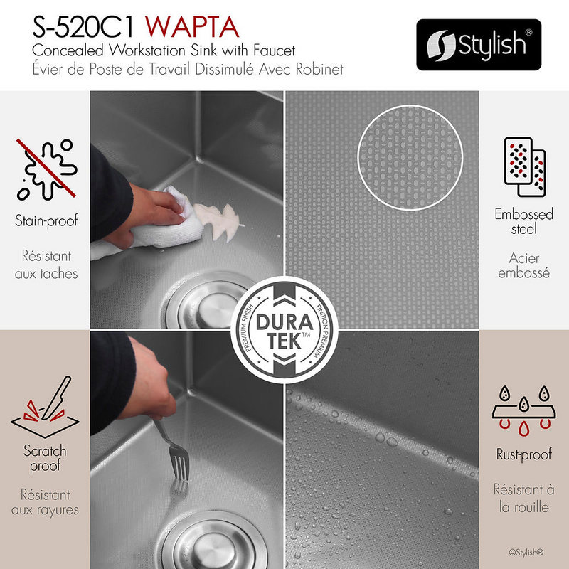 Stylish WAPTA 20" Dual Mount Workstation Single Bowl Utility Sink with Dura-Tek, Accessories and Stainless Steel Faucet - S-520C1