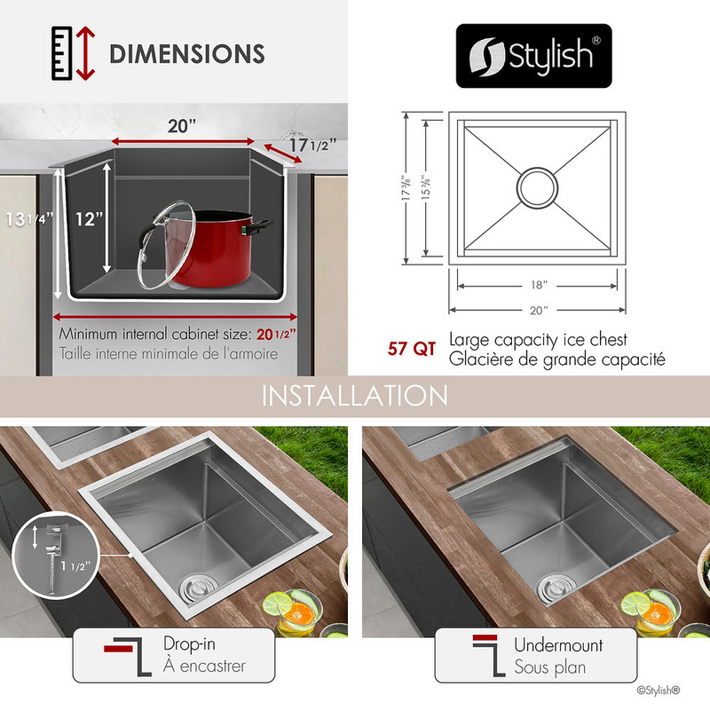 Stylish MORAINE 20" Dual Mount Workstation Single Bowl Outdoor Sink and Ice Chest with Dura-Tek and Accessories - E-120