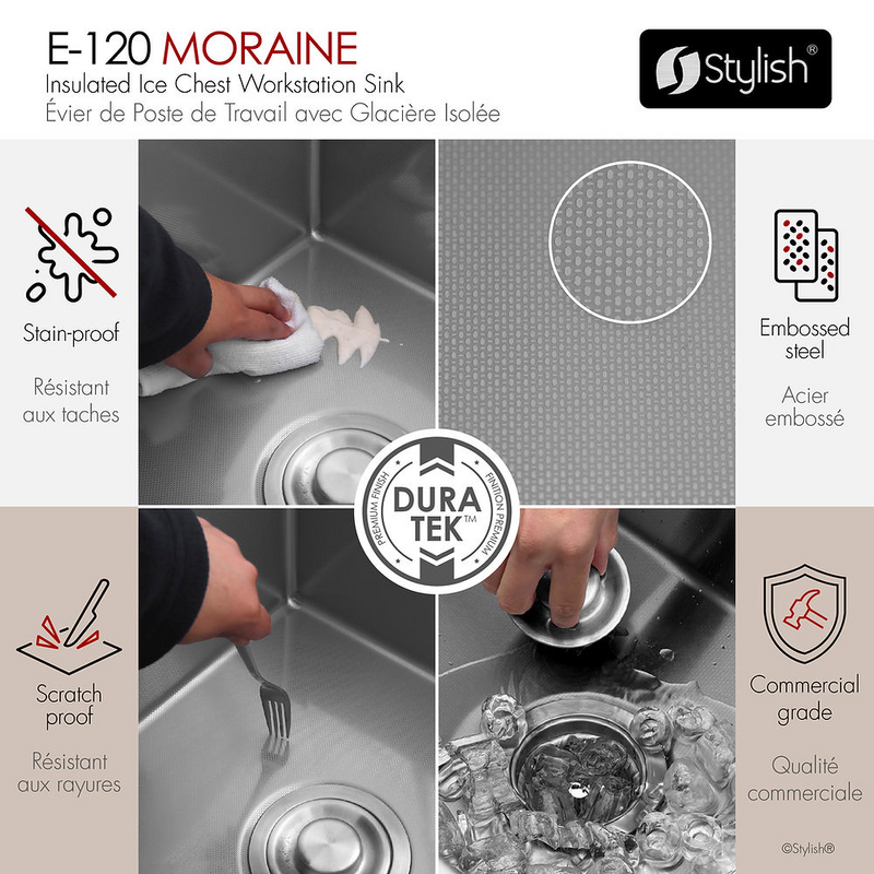Stylish MORAINE 20" Dual Mount Workstation Single Bowl Outdoor Sink and Ice Chest with Dura-Tek and Accessories - E-120