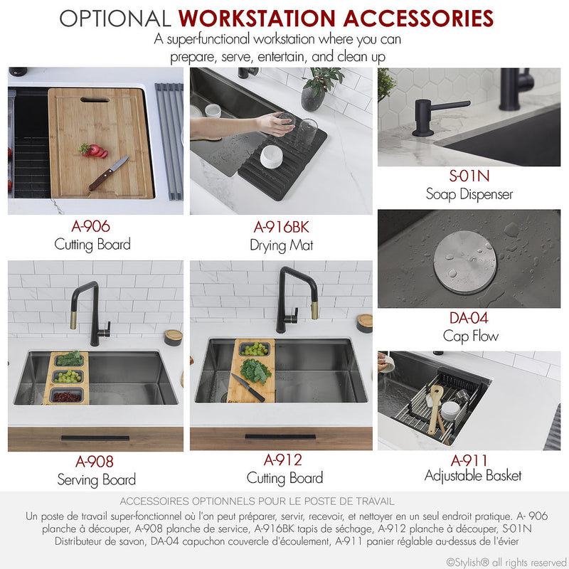 Stylish 33'' VERSA33 S-613WNK Undermount Workstation Single-Bowl Graphite Black Kitchen Sink with Accessories
