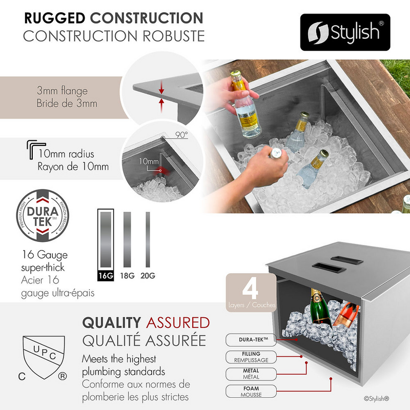 Stylish MORAINE 20" Dual Mount Workstation Single Bowl Outdoor Sink and Ice Chest with Dura-Tek and Accessories - E-120