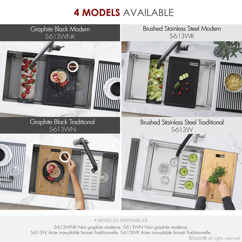 Stylish 33'' VERSA33 S-613WNK Undermount Workstation Single-Bowl Graphite Black Kitchen Sink with Accessories