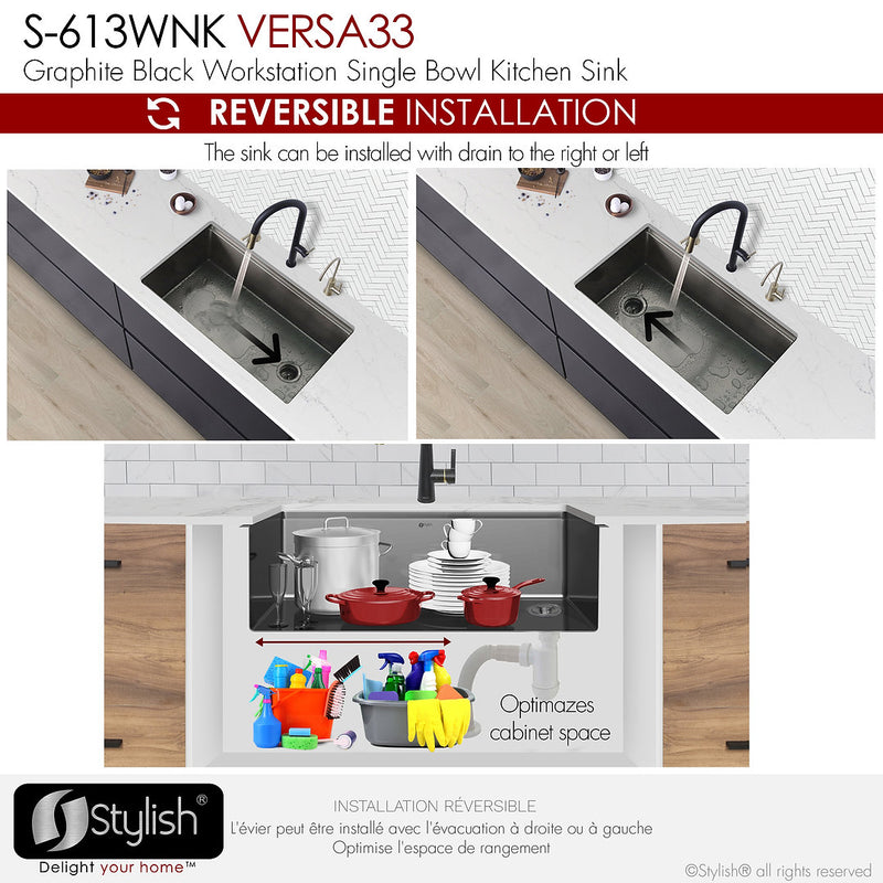 Stylish 33'' VERSA33 S-613WNK Undermount Workstation Single-Bowl Graphite Black Kitchen Sink with Accessories