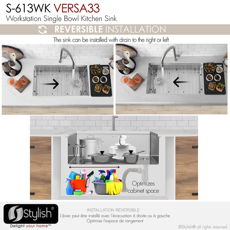 Stylish 33" VERSA33 S-613WK Undermount Workstation Stainless Steel Single-Bowl Kitchen Sink with Black Accessories
