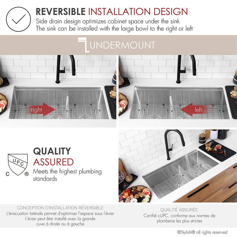 Stylish 36" VERSA S-636WK Undermount Double-Bowl Workstation Kitchen Sink with Black Accessories