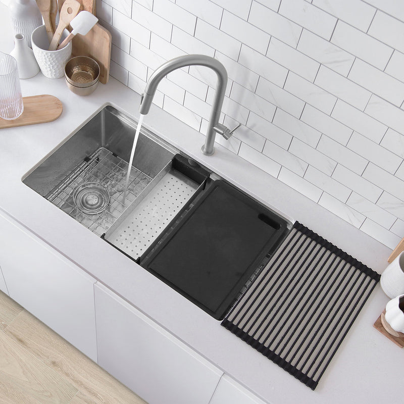 Stylish 33" VERSA33 S-613WK Undermount Workstation Stainless Steel Single-Bowl Kitchen Sink with Black Accessories