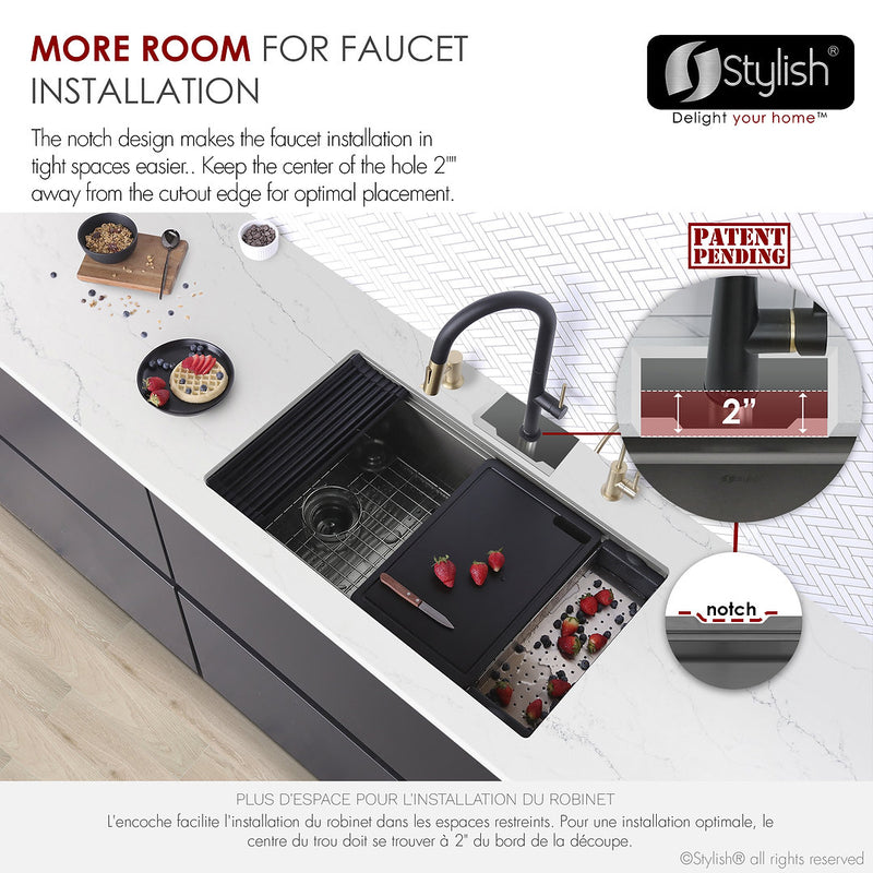 Stylish 33'' VERSA33 S-613WNK Undermount Workstation Single-Bowl Graphite Black Kitchen Sink with Accessories