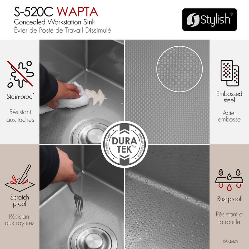 Stylish WAPTA 20" Dual Mount Workstation Single Bowl Utility Sink with Dura-Tek and Accessories - S-520C