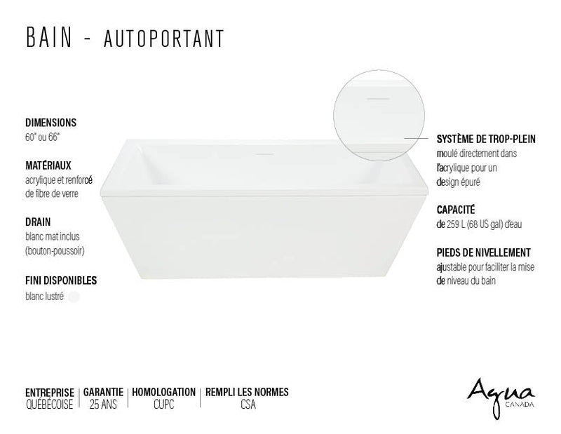 Agua Canada 66’’ Rectangular 2 Pieces Freestanding Bathtub - BAILEY-66-II