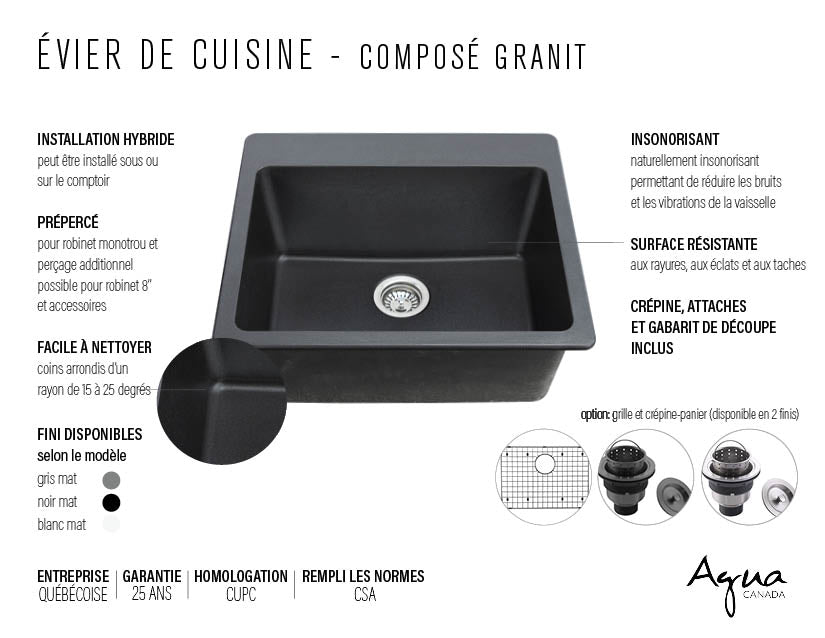 Agua Canada EVEREST 25X22 Single Bowl Granite Dual Mount Kitchen Sink