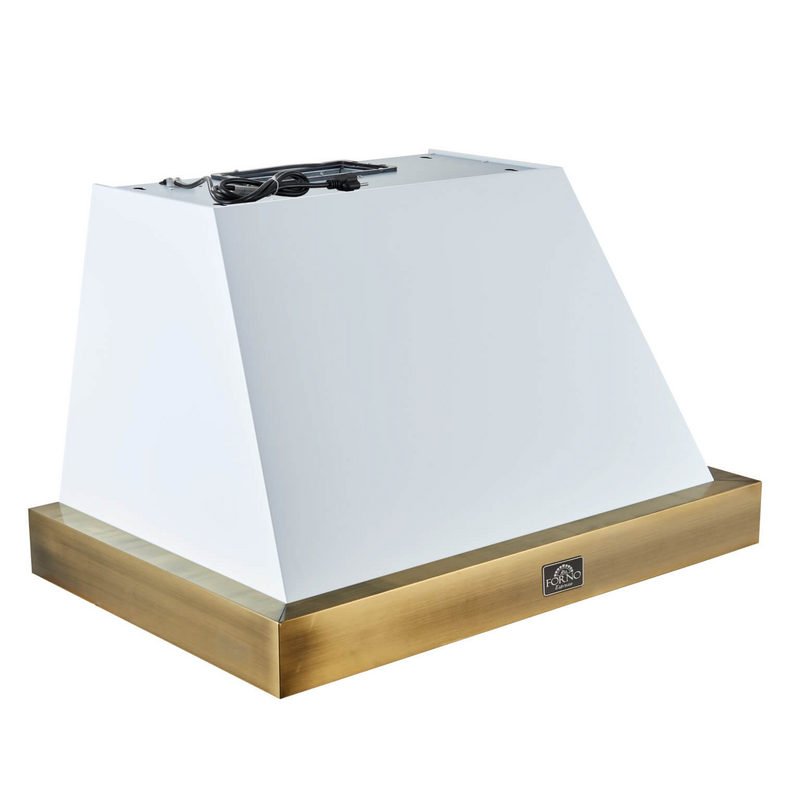 Forno VITTORIO 48" Wall Mount Range Hood in White & Antique Brass Trim 600 CFM, Remote Control - FRHWM5078-48WHT