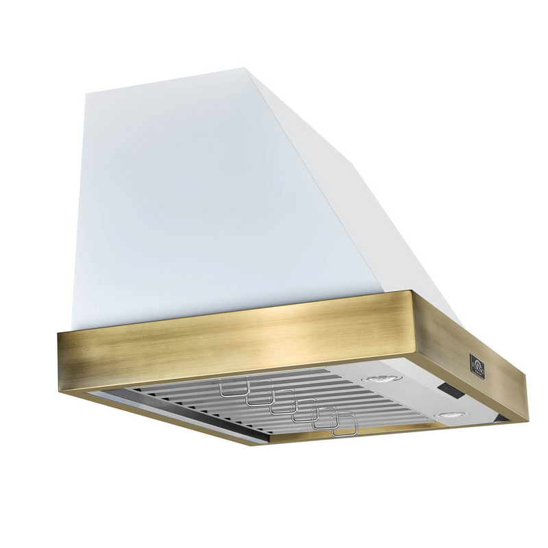 Forno VITTORIO 48" Wall Mount Range Hood in White & Antique Brass Trim 600 CFM, Remote Control - FRHWM5078-48WHT