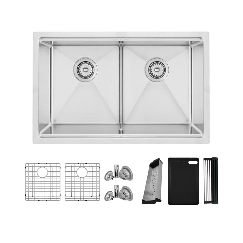 Stylish BORON 30" Workstation Double Bowl Undermount and Drop-in 16 Gauge Stainless Steel Kitchen Sink with Built in Accessories - S-230W