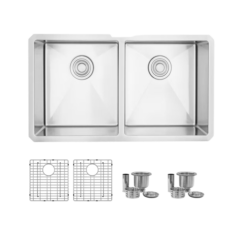Stylish ZIRCON 32" Double Bowl Kitchen Sink, 18 Gauge Stainless Steel with Grids and Basket Strainers - S-301G