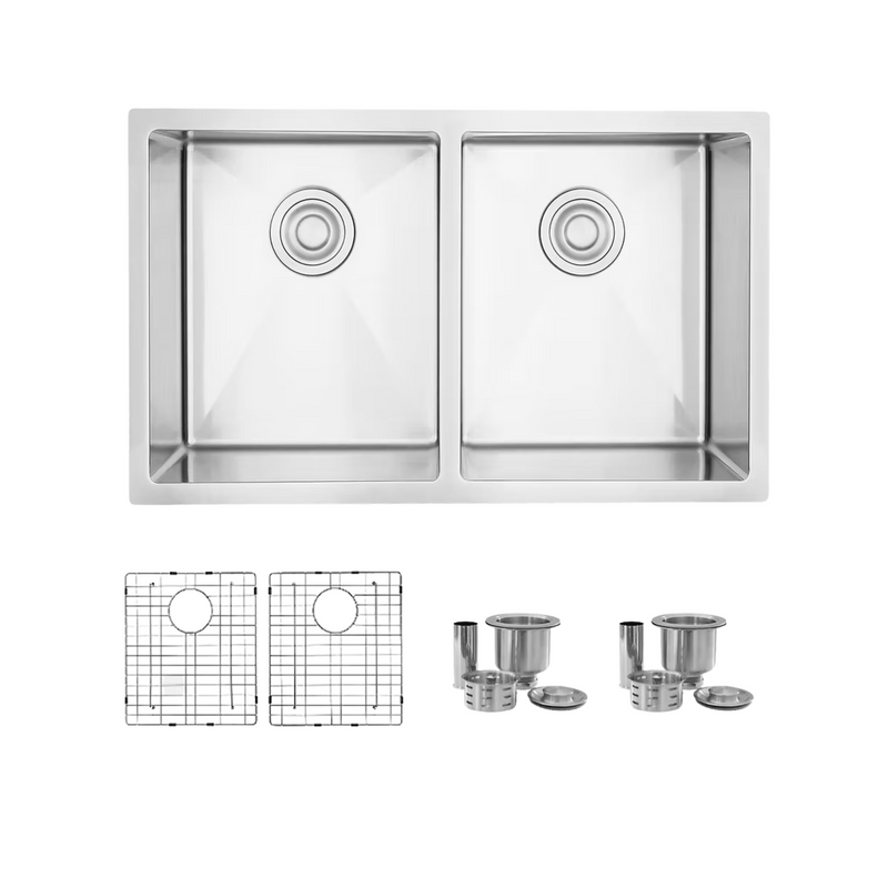 Stylish ONYX 30" Undermount or Drop-in Double Bowl Kitchen Sink, 16 Gauge Stainless Steel with Grids and Basket Strainers - S-304XG