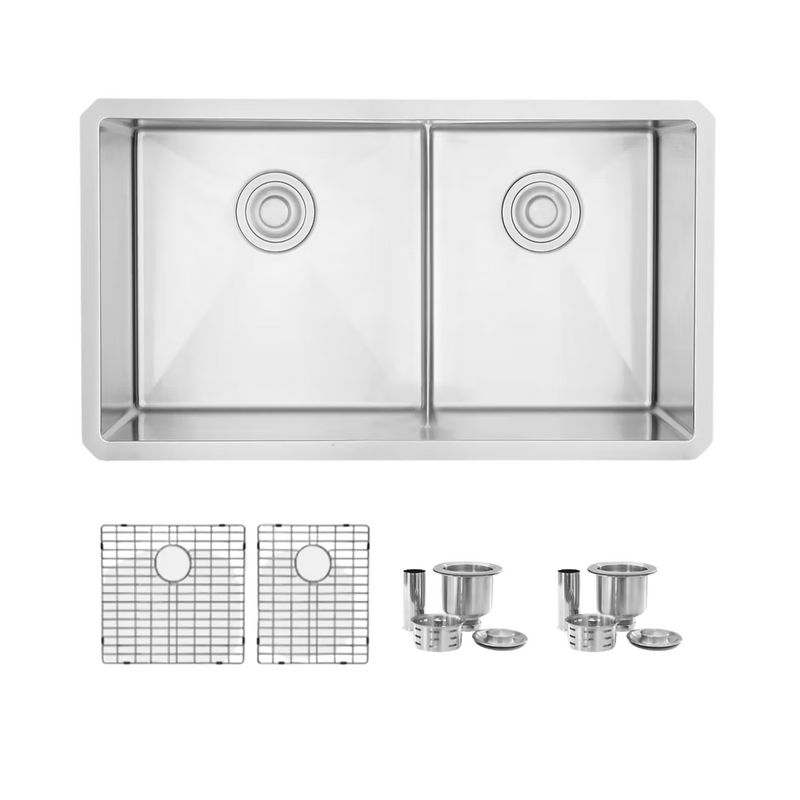 Stylish ROOMY 32" Double Bowl Kitchen Sink, 16 Gauge Stainless Steel with Grids and Basket Strainers - S-325XG