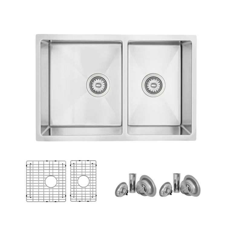 Stylish SEVILLA 28" Undermount Double Bowl Kitchen Sink, 18 Gauge Stainless Steel with Grids and Standard Strainers - S-403G