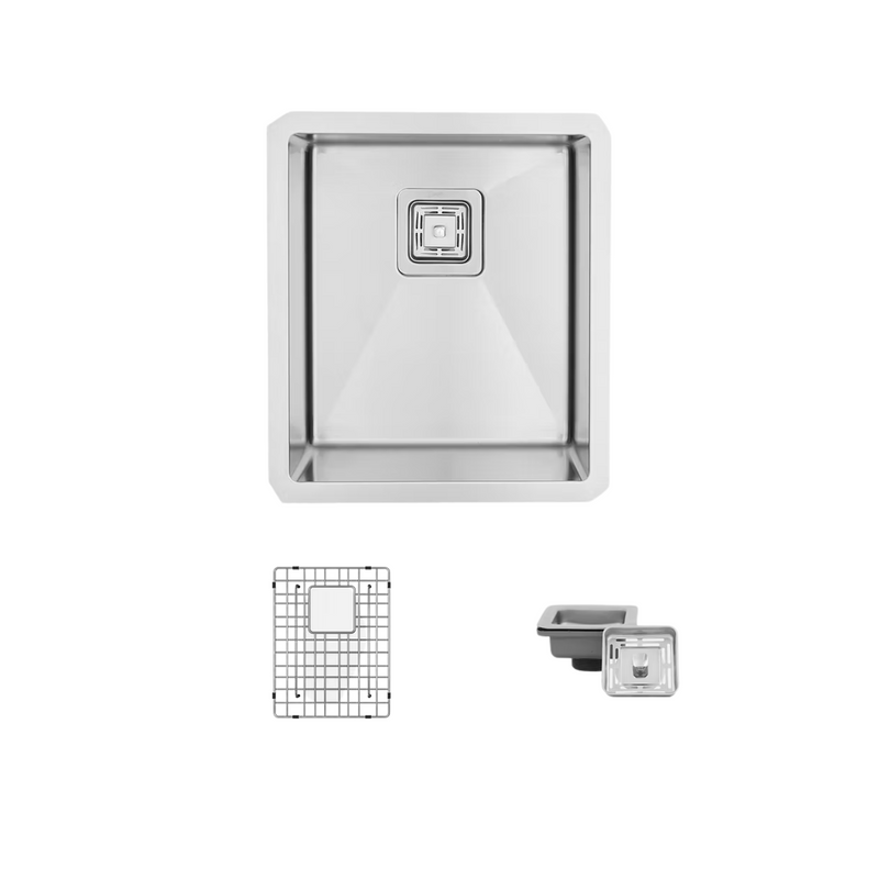 Stylish KUBO 16" Single Bowl Bar Sink, 16 Gauge Stainless Steel with Grid and Square Strainer - S-509XG