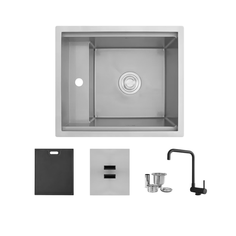 Stylish WAPTA 20" Dual Mount Workstation Single Bowl Utility Sink with Dura-Tek Accessories and Stainless Steel Matte Black Faucet - S-520C2