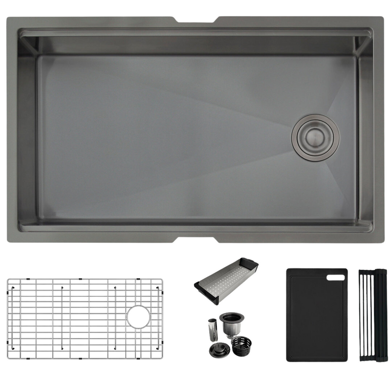 Stylish 33'' VERSA33 S-613WNK Undermount Workstation Single-Bowl Graphite Black Kitchen Sink with Accessories