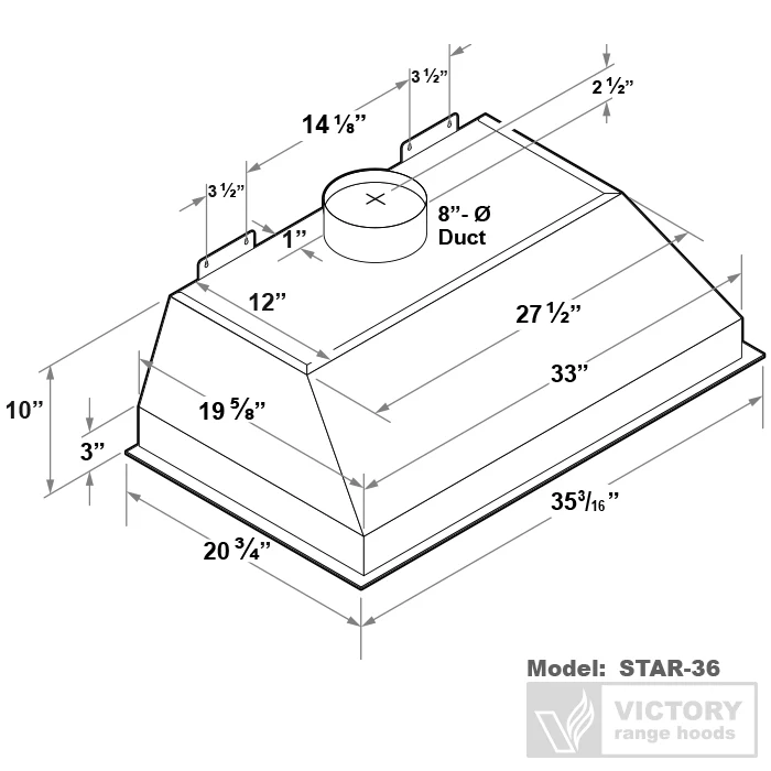 Victory Range Hood Star 36" Range Hood Insert with 1000 CFM Remote Blower