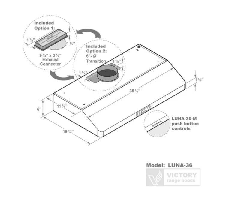 Victory Range Hoods Luna 36" 600 CFM Under Cabinet Range Hood