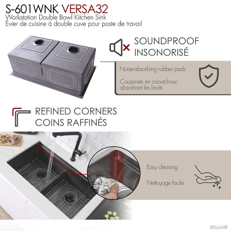 Stylish 32" VERSA32 S-601WNK Workstation Double Bowl Undermount  Stainless Steel Kitchen Sink with Accessories