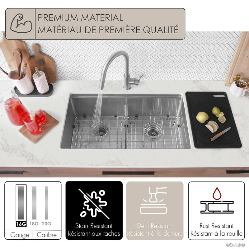 Stylish 32" VERSA32 S-601WK Undermount Workstation Double Bowl Stainless Steel Kitchen Sink with Accessories