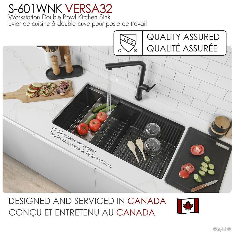 Stylish 32" VERSA32 S-601WNK Workstation Double Bowl Undermount  Stainless Steel Kitchen Sink with Accessories