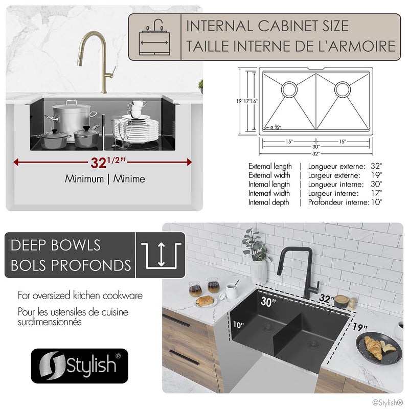 Stylish 32" VERSA32 S-601WNK Workstation Double Bowl Undermount  Stainless Steel Kitchen Sink with Accessories