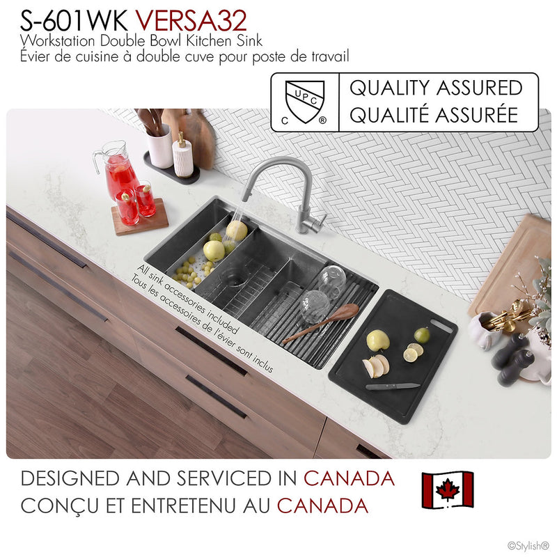 Stylish 32" VERSA32 S-601WK Undermount Workstation Double Bowl Stainless Steel Kitchen Sink with Accessories