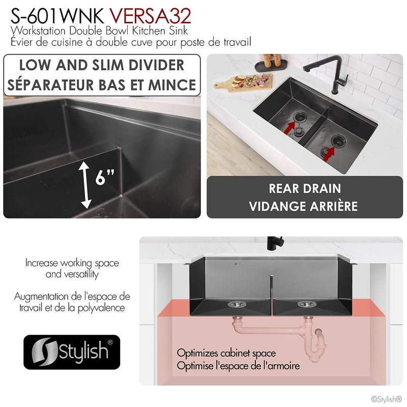 Stylish 32" VERSA32 S-601WNK Workstation Double Bowl Undermount  Stainless Steel Kitchen Sink with Accessories