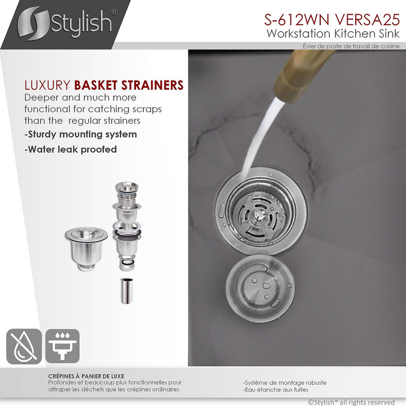 Stylish VERSA25 25" Handmade Workstation Single Bowl Kitchen Sink Built in Accessories