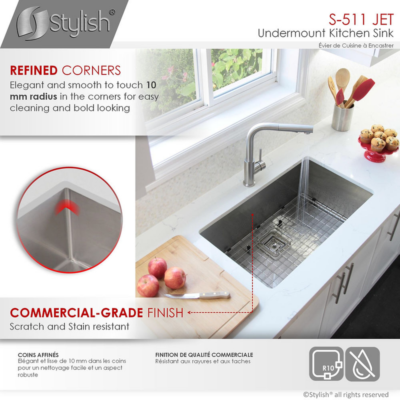Stylish JET 30" Single Bowl Kitchen Sink, 16 Gauge Stainless Steel with Grid and Square Strainer - S-511XG