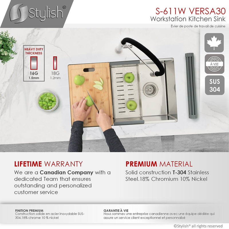 Stylish 30" VERSA30 S-611W Workstation Single Bowl Undermount Stainless Steel Kitchen Sink with Accessories
