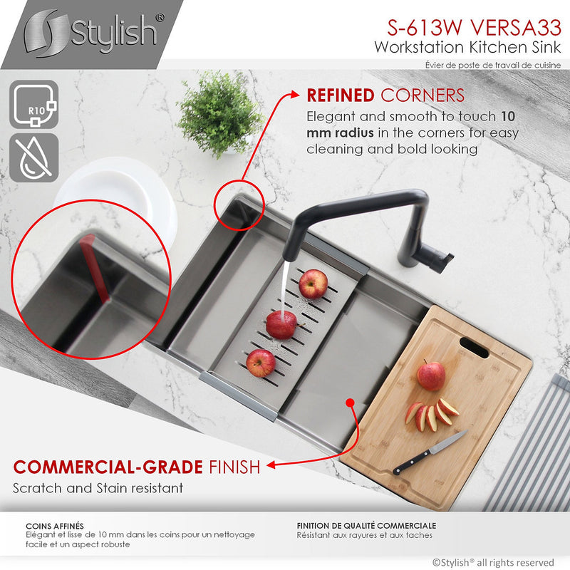 Stylish 33" VERSA33 S-613W Undermount Workstation Stainless Steel Single-Bowl Kitchen Sink with Accessories
