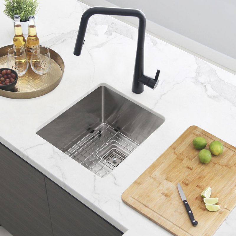 Stylish KUBO 16" Single Bowl Bar Sink, 16 Gauge Stainless Steel with Grid and Square Strainer - S-509XG
