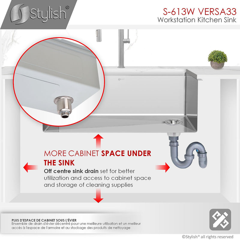 Stylish 33" VERSA33 S-613W Undermount Workstation Stainless Steel Single-Bowl Kitchen Sink with Accessories
