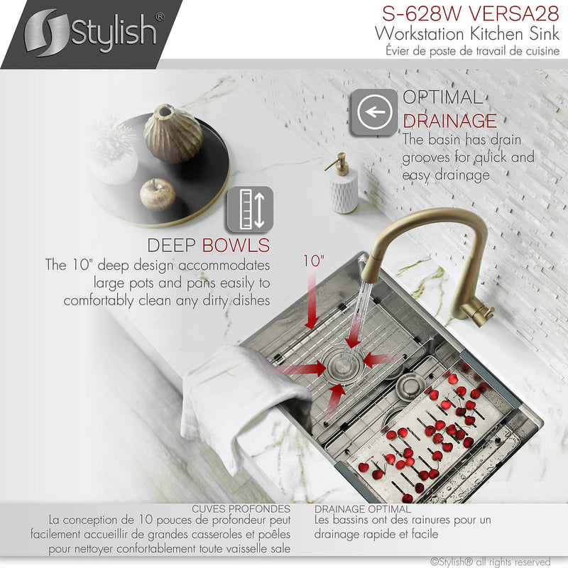 Stylish 28" VERSA28 S-628W Workstation 60/40 Double Bowl Undermount Stainless Steel Kitchen Sink with Accessories