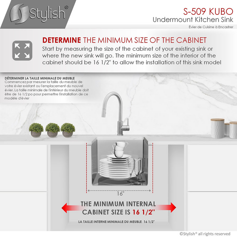 Stylish KUBO 16" Single Bowl Bar Sink, 16 Gauge Stainless Steel with Grid and Square Strainer - S-509XG